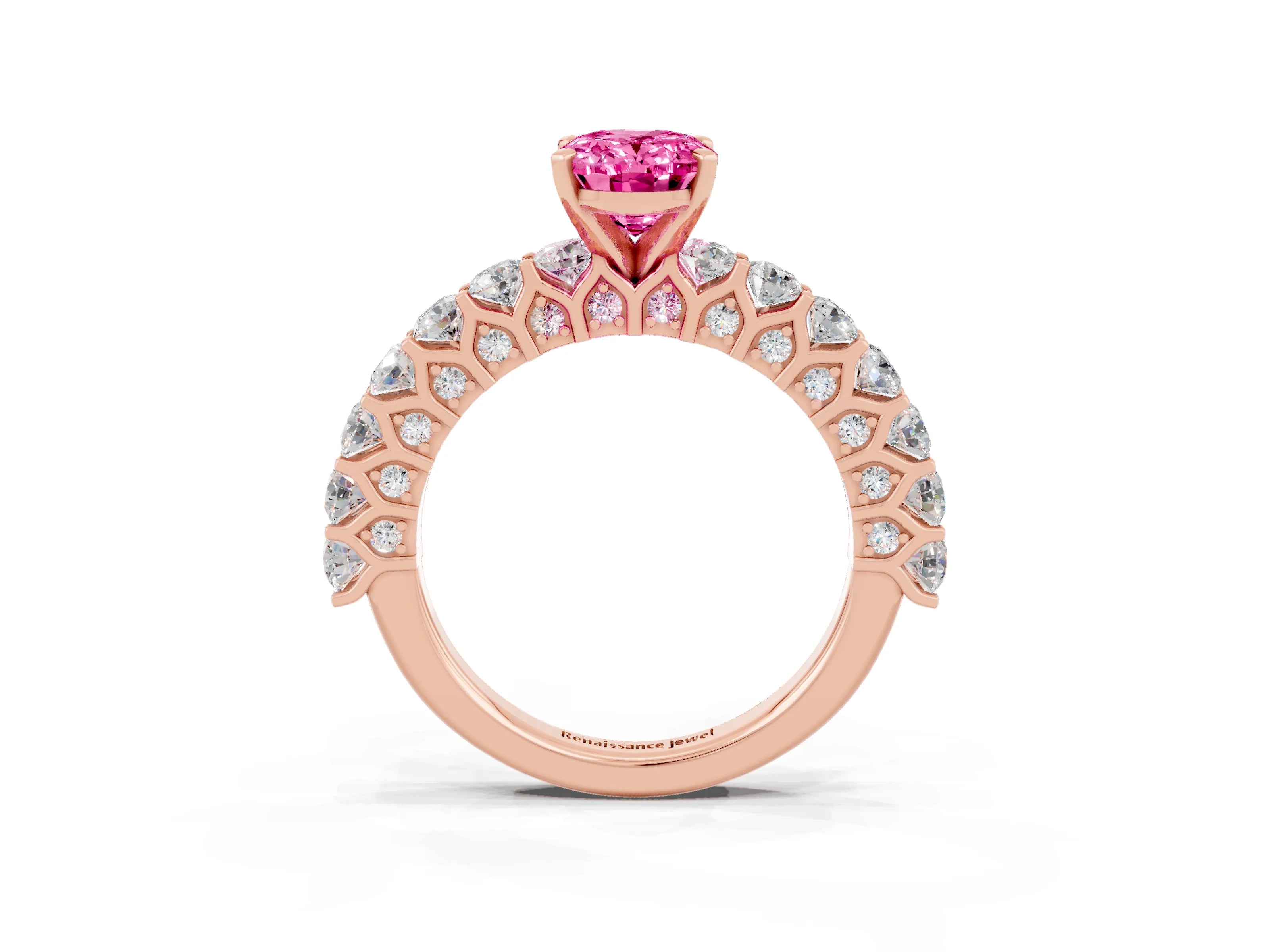 Rose gold Oval Cut Pink Sapphire Solitaire Ring with Shared Prong Pavé Band and Four-Prong Setting_3