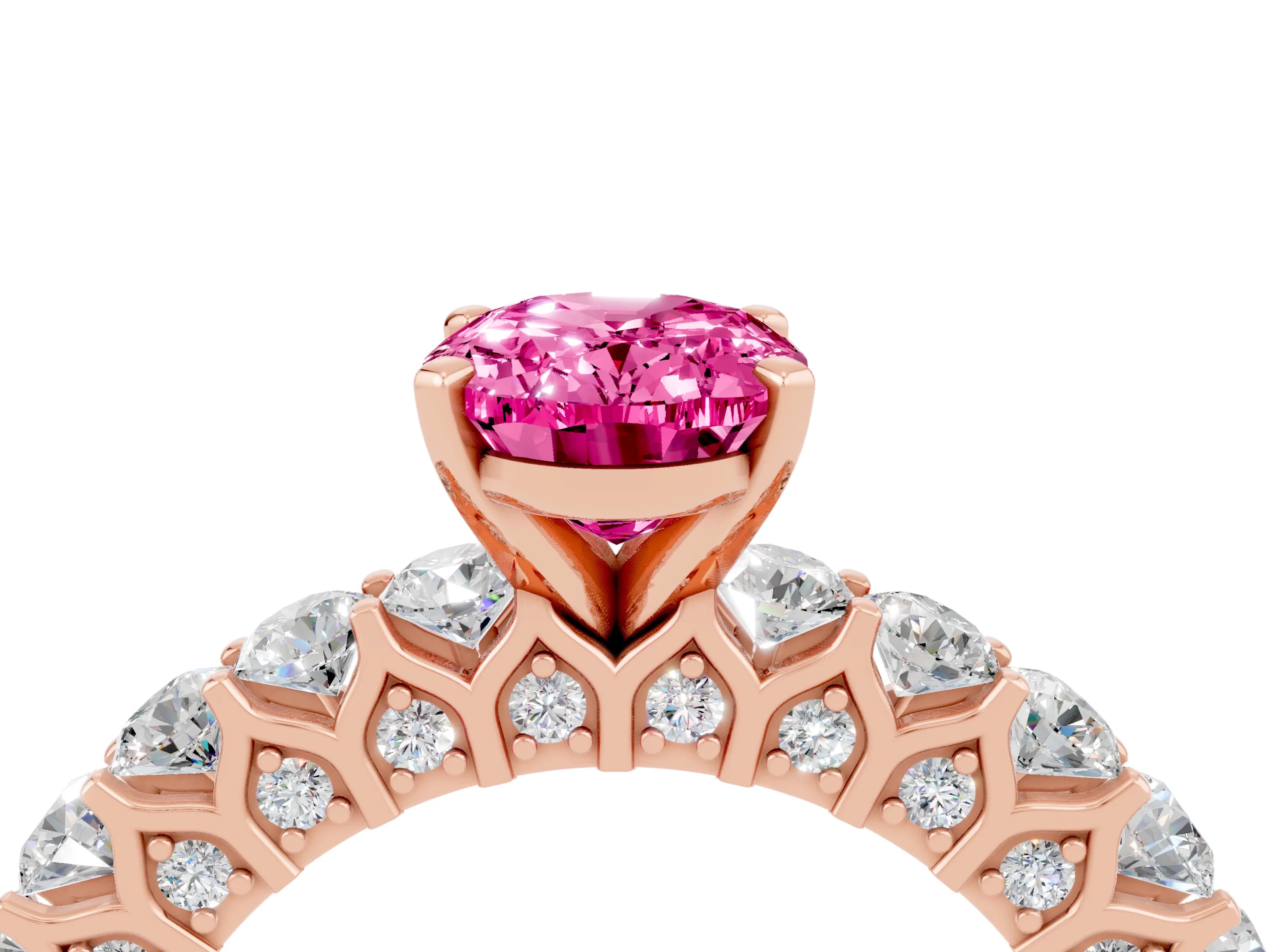 Rose gold Oval Cut Pink Sapphire Solitaire Ring with Shared Prong Pavé Band and Four-Prong Setting_4