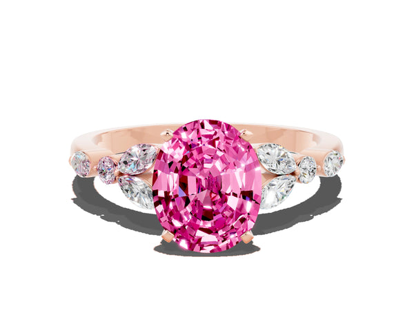 Rose gold Oval Cut Pink Sapphire Solitaire Ring with Side Stones and Four-Prong Setting