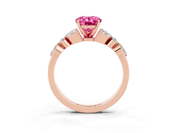 Rose gold Oval Cut Pink Sapphire Solitaire Ring with Side Stones and Four-Prong Setting