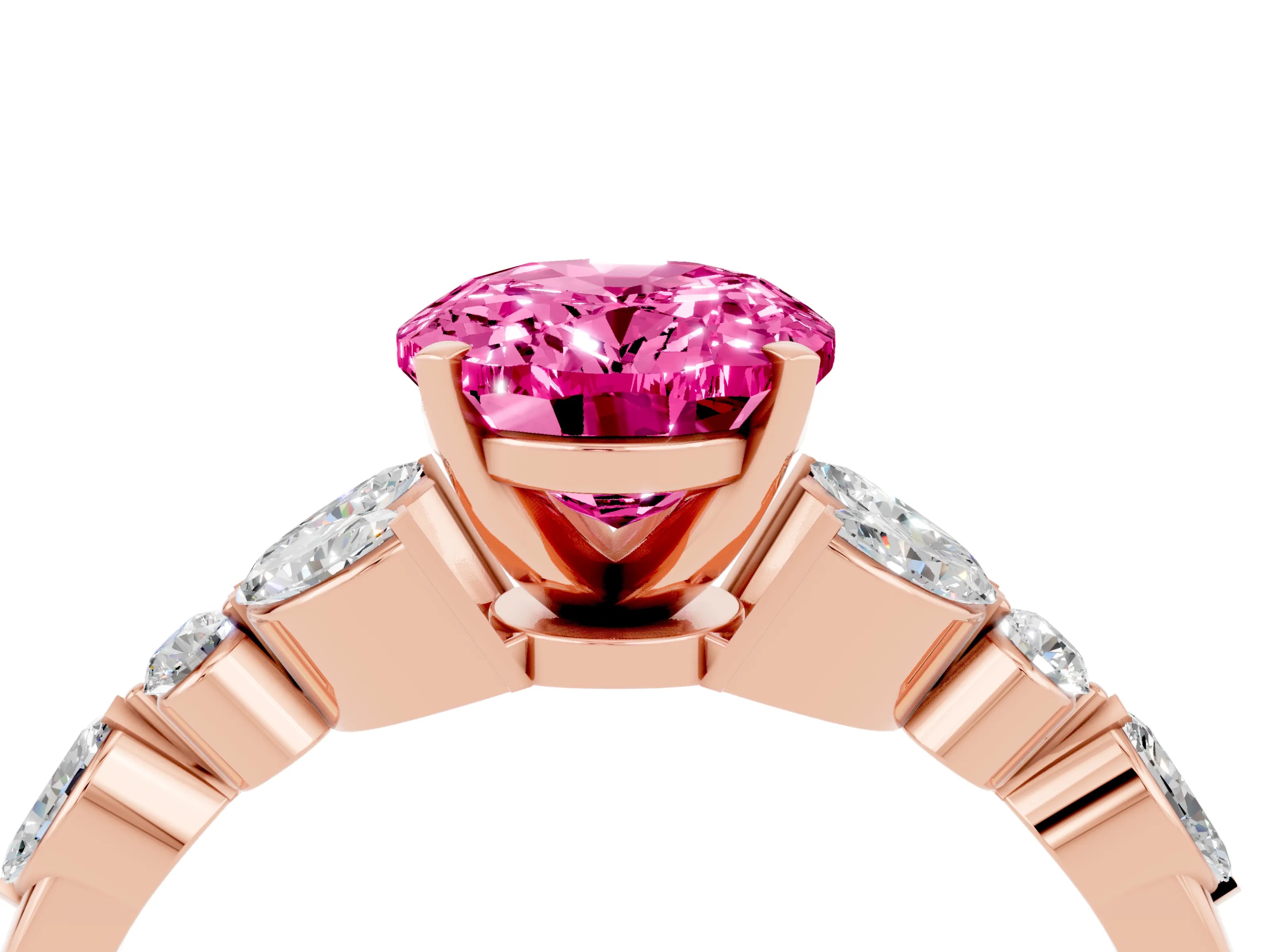 Rose gold Oval Cut Pink Sapphire Solitaire Ring with Side Stones and Four-Prong Setting_16