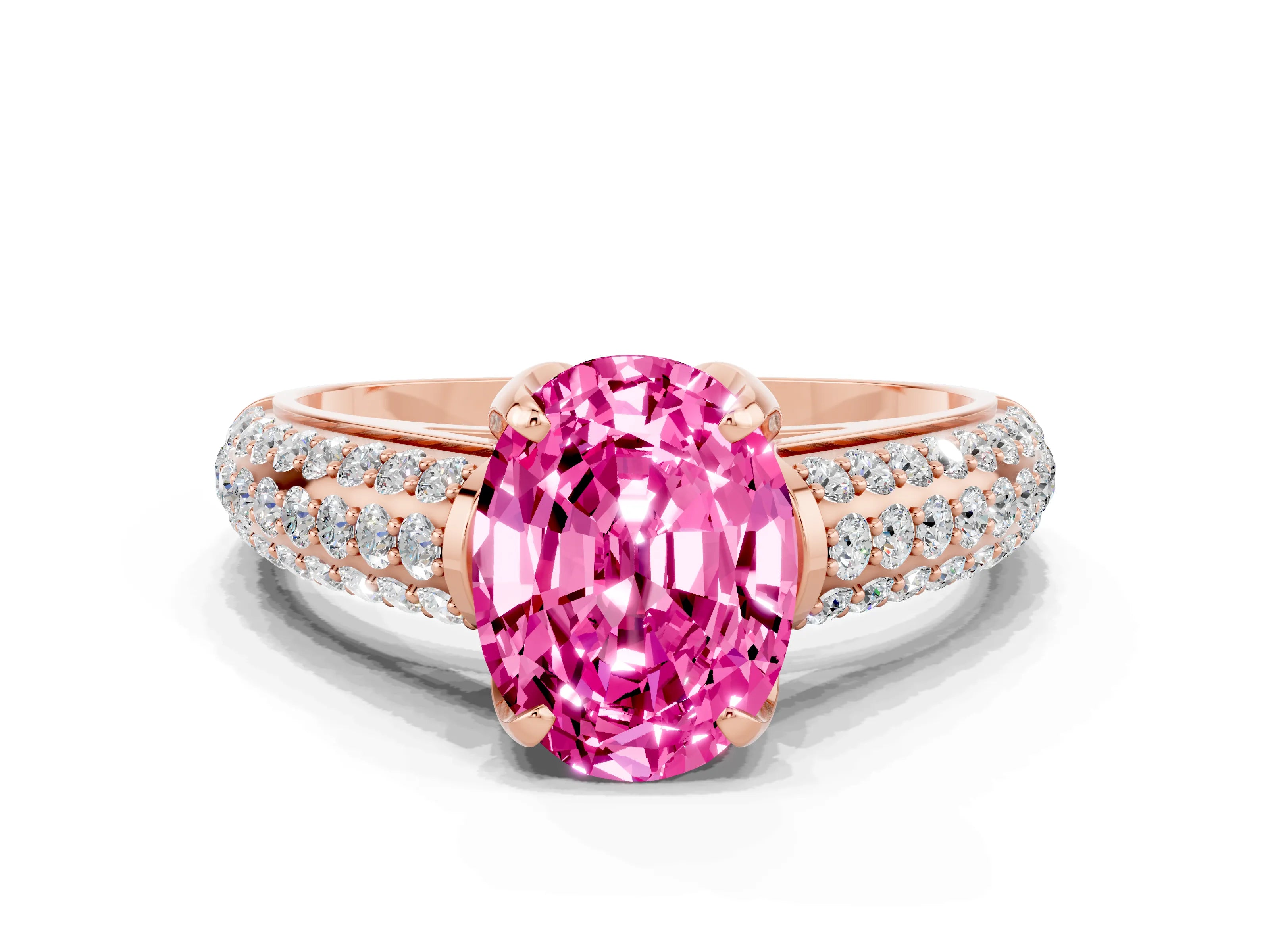 Rose gold Oval Cut Pink Sapphire Solitaire Ring with Three-Row Pavé Band and Four-Prong Setting_12