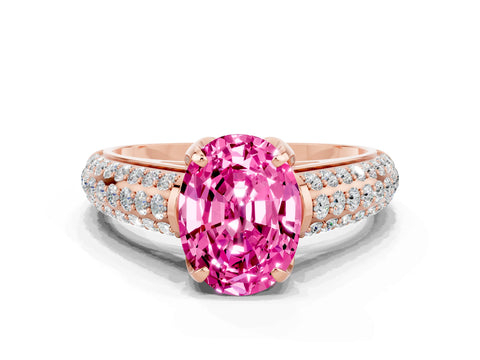 Rose gold Oval Cut Pink Sapphire Solitaire Ring with Three-Row Pavé Band and Four-Prong Setting_12