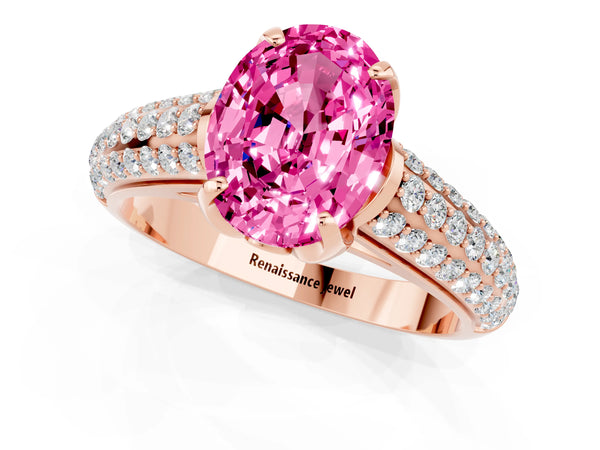 Rose gold Oval Cut Pink Sapphire Solitaire Ring with Three-Row Pavé Band and Four-Prong Setting