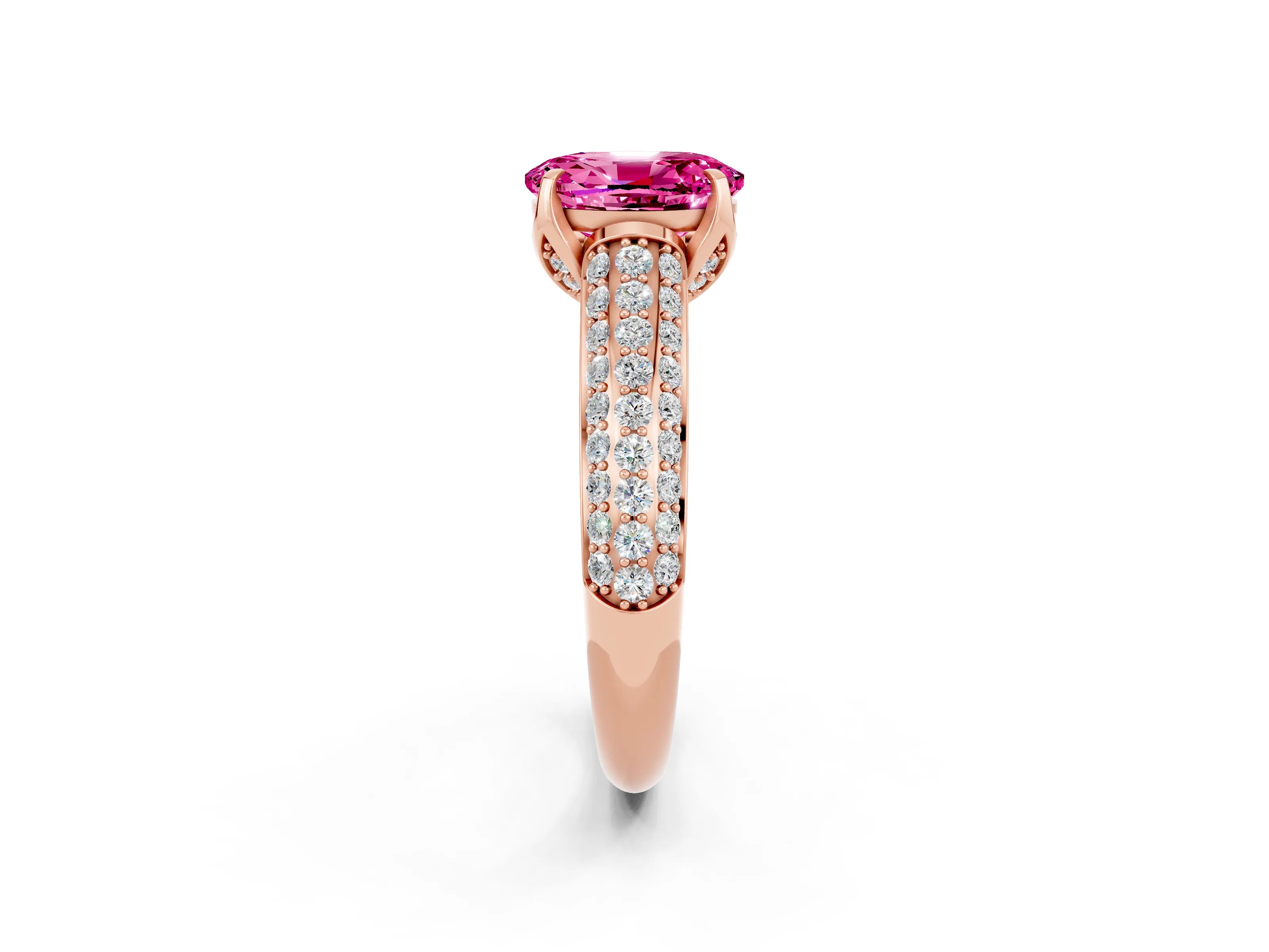 Rose gold Oval Cut Pink Sapphire Solitaire Ring with Three-Row Pavé Band and Four-Prong Setting_14