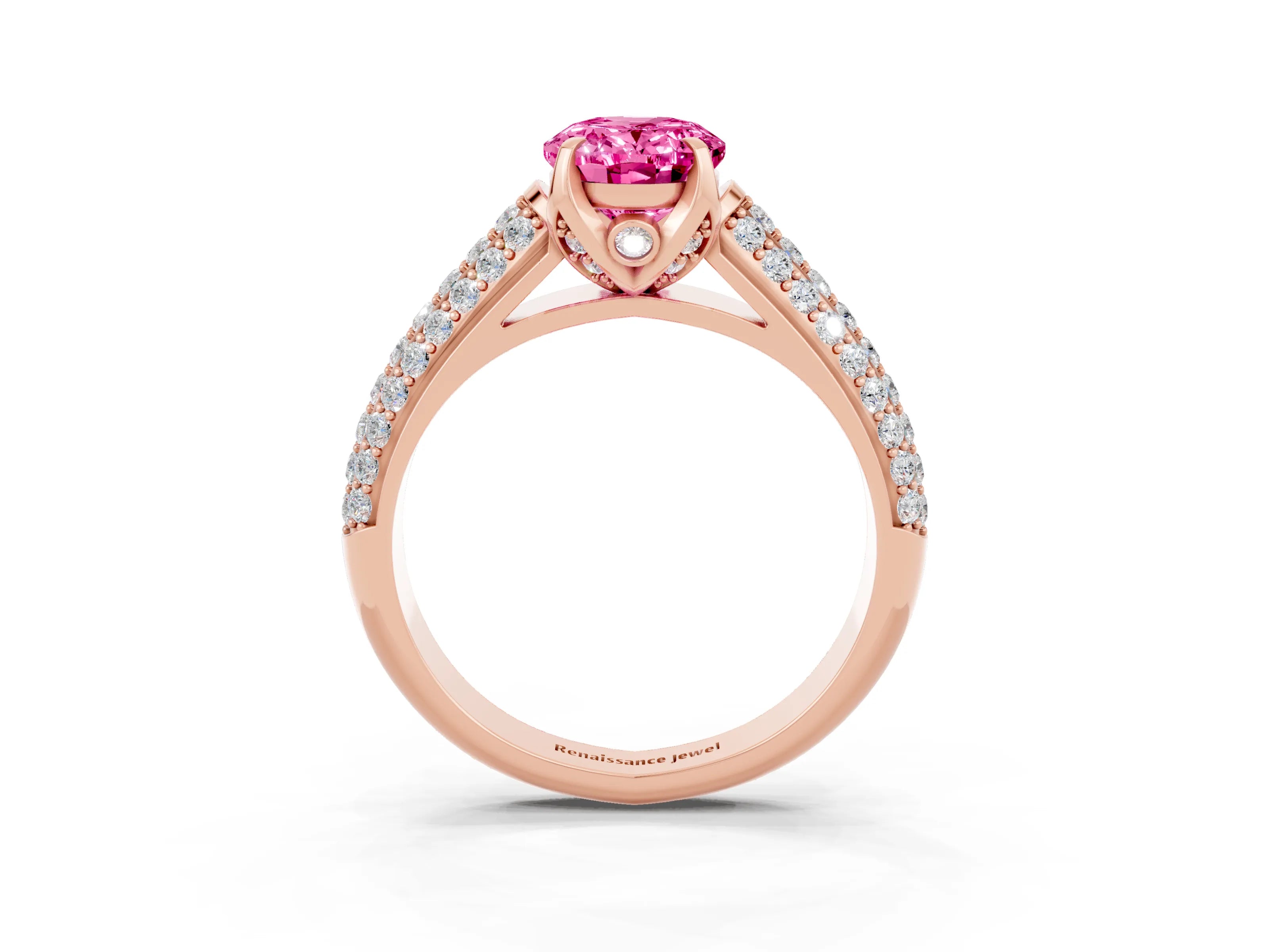 Rose gold Oval Cut Pink Sapphire Solitaire Ring with Three-Row Pavé Band and Four-Prong Setting_15
