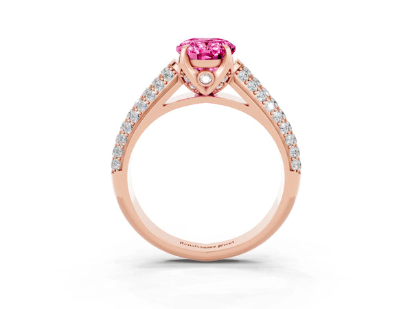 Rose gold Oval Cut Pink Sapphire Solitaire Ring with Three-Row Pavé Band and Four-Prong Setting