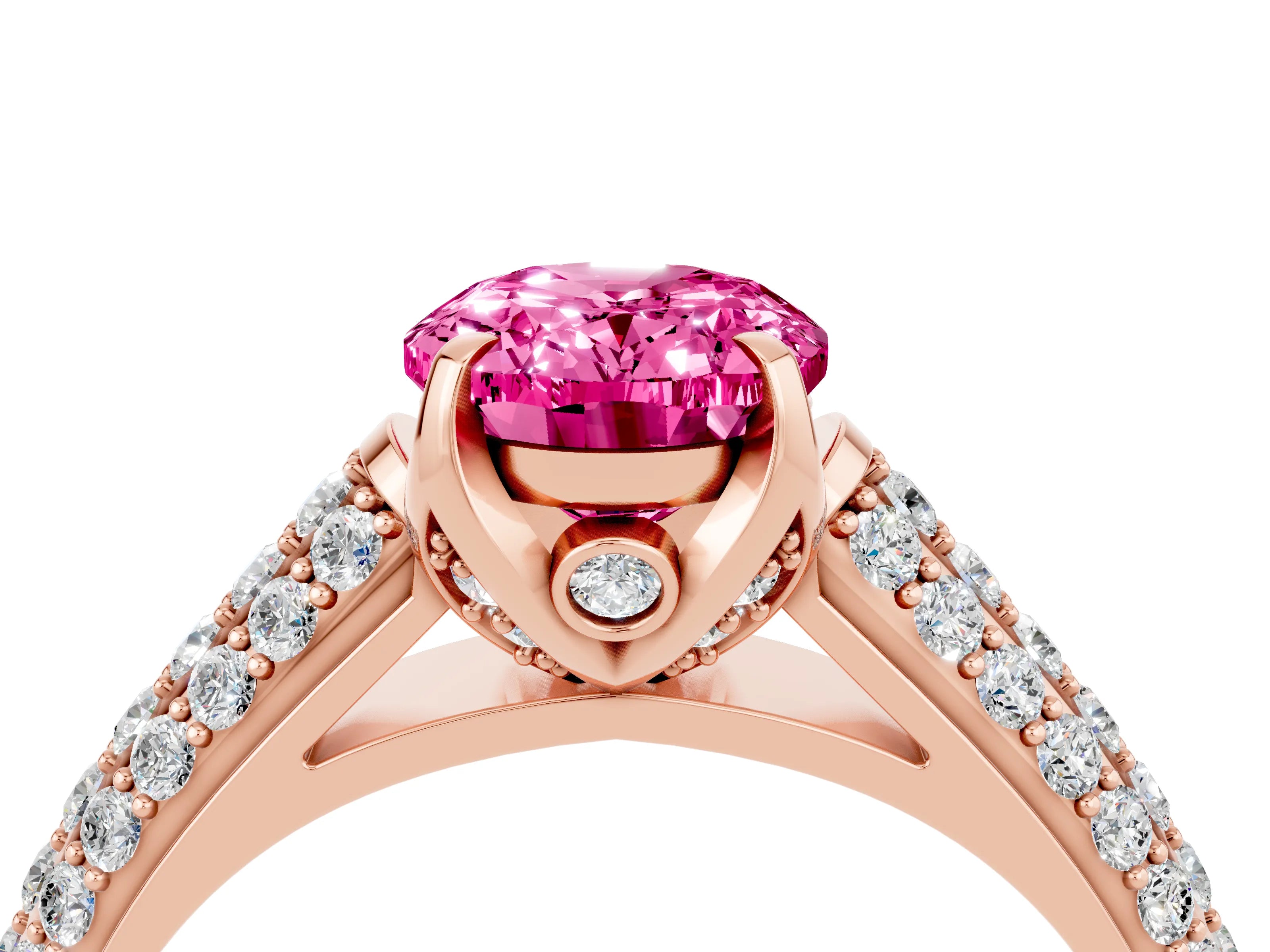 Rose gold Oval Cut Pink Sapphire Solitaire Ring with Three-Row Pavé Band and Four-Prong Setting_16