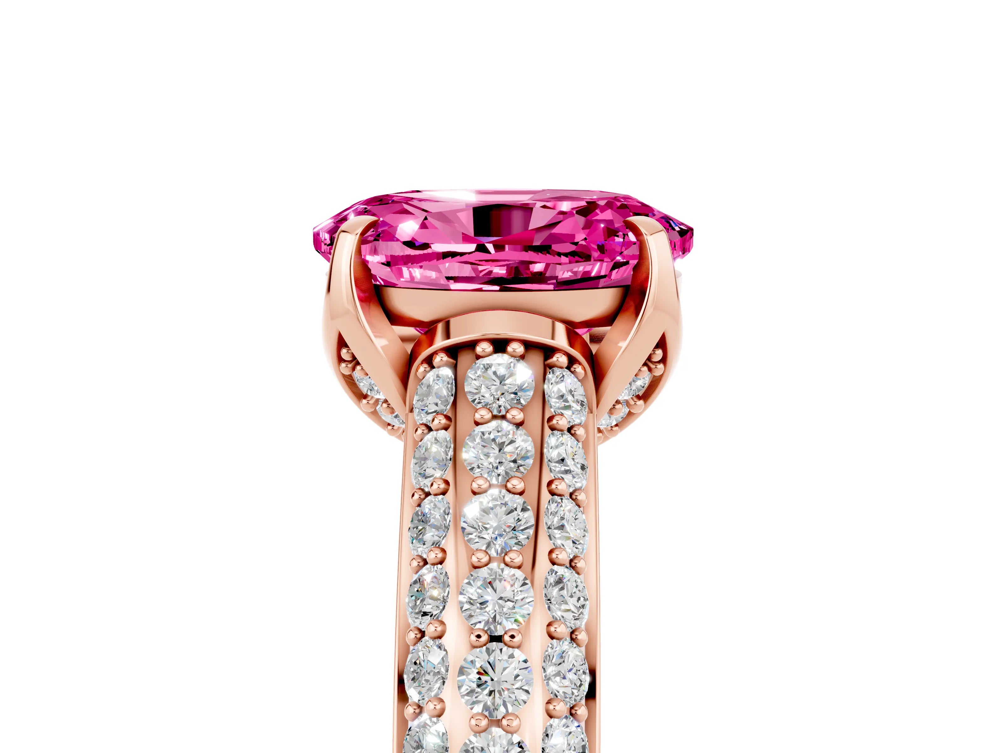 Rose gold Oval Cut Pink Sapphire Solitaire Ring with Three-Row Pavé Band and Four-Prong Setting_17