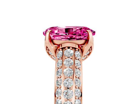 Rose gold Oval Cut Pink Sapphire Solitaire Ring with Three-Row Pavé Band and Four-Prong Setting_17