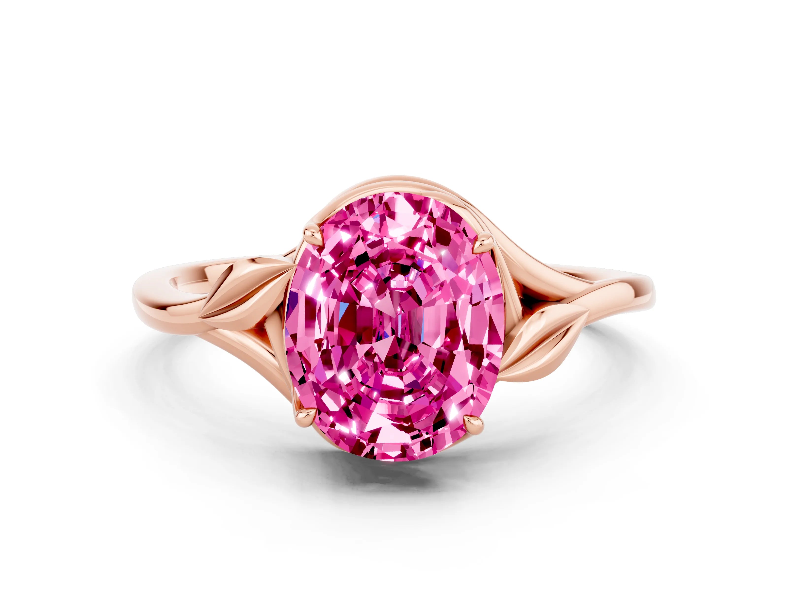 Rose gold Oval Cut Pink Sapphire Solitaire Ring with Twist Band and Four-Prong Setting_36