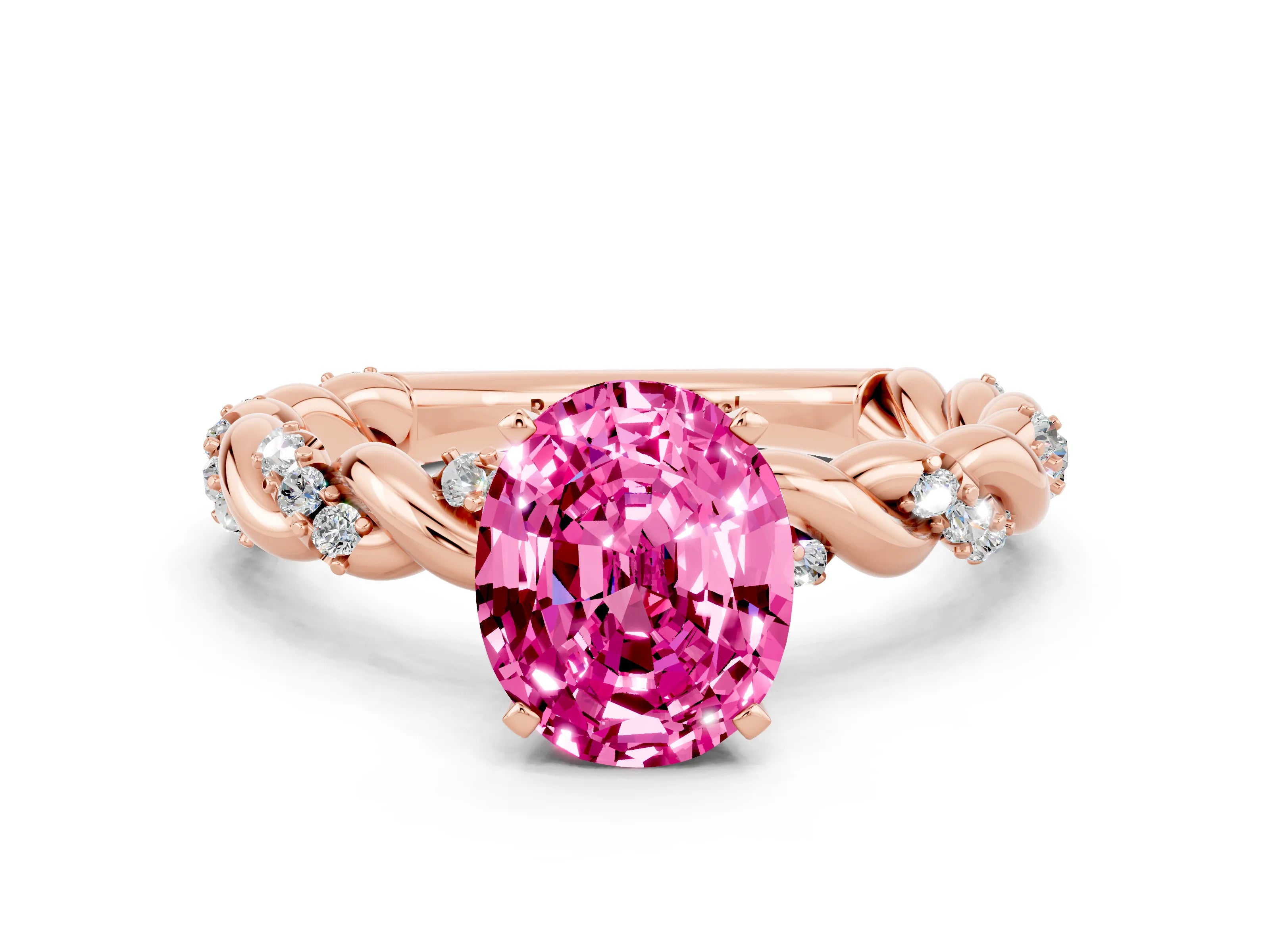 Rose gold Oval Cut Pink Sapphire Solitaire Ring with Twisted Band and Pavé Accents