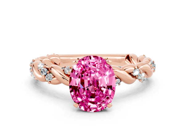 Rose gold Oval Cut Pink Sapphire Solitaire Ring with Twisted Band and Pavé Accents