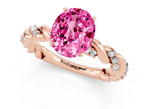 Rose gold Oval Cut Pink Sapphire Solitaire Ring with Twisted Band and Pavé Accents_1