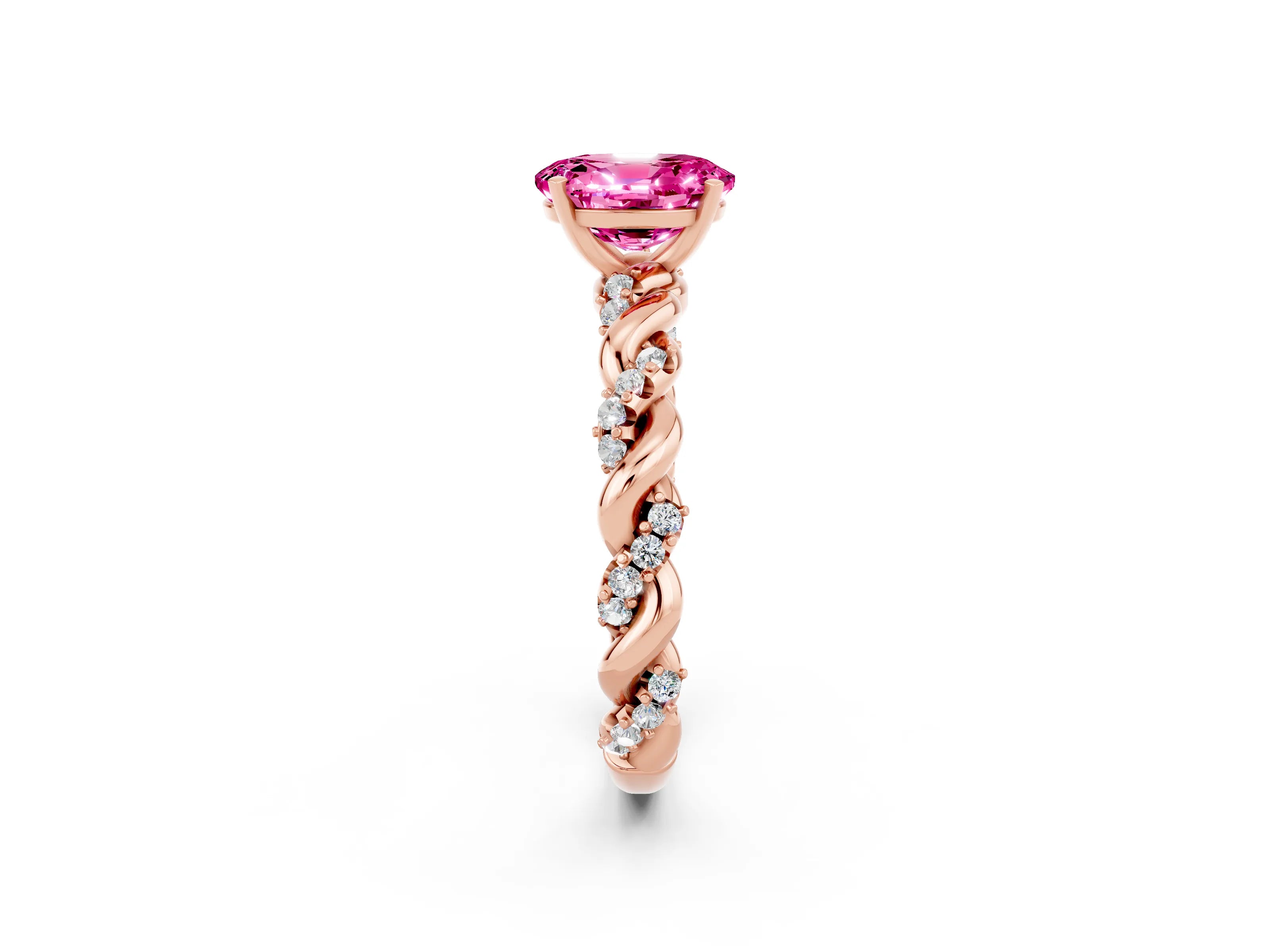 Rose gold Oval Cut Pink Sapphire Solitaire Ring with Twisted Band and Pavé Accents_2