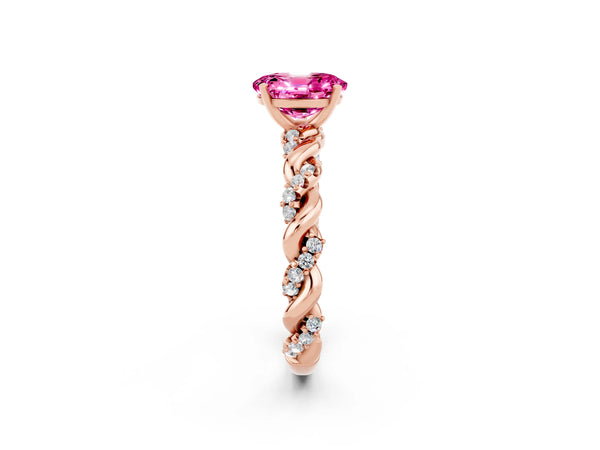 Rose gold Oval Cut Pink Sapphire Solitaire Ring with Twisted Band and Pavé Accents