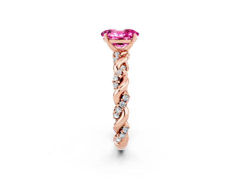 Rose gold Oval Cut Pink Sapphire Solitaire Ring with Twisted Band and Pavé Accents_2