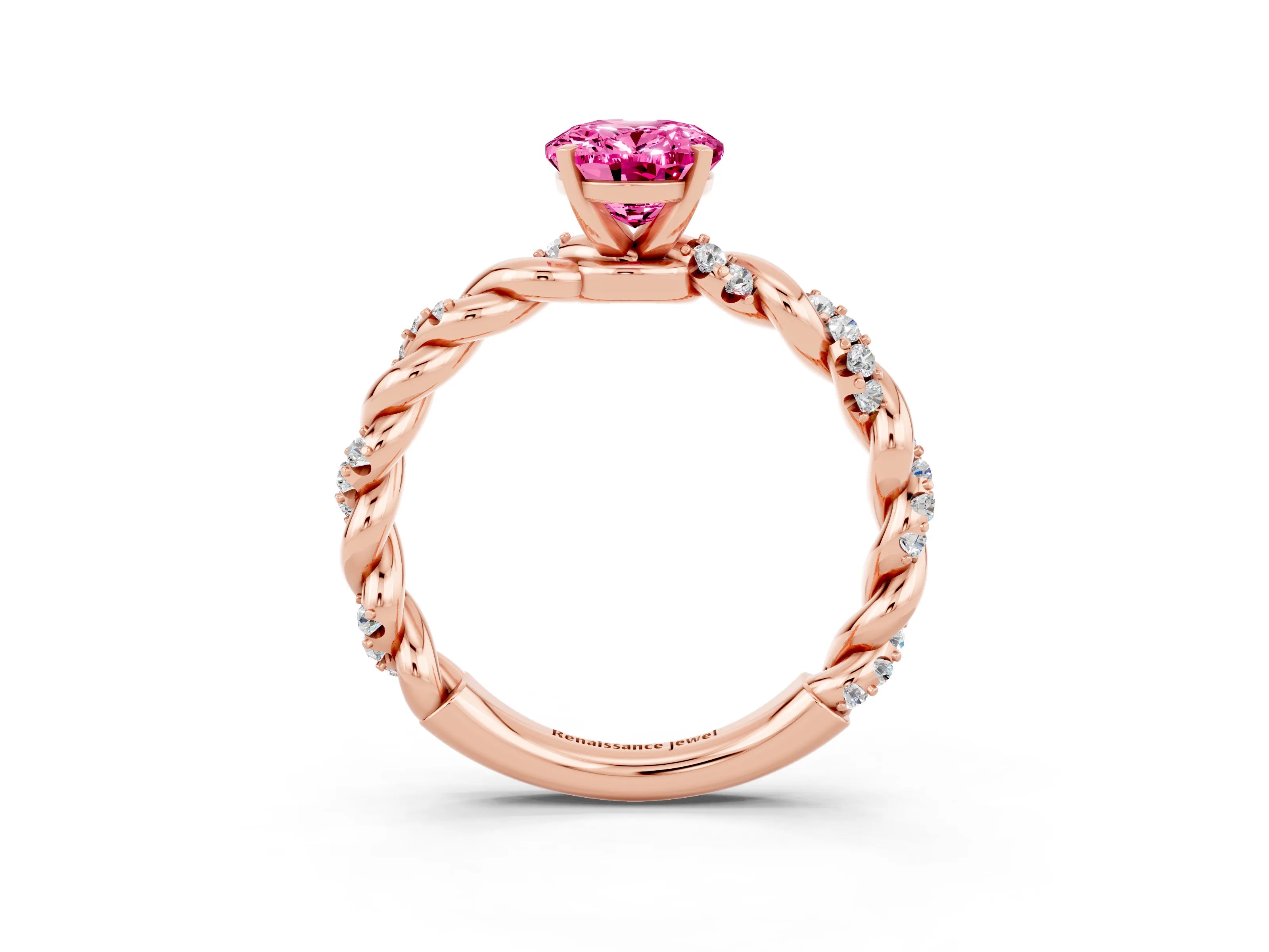 Rose gold Oval Cut Pink Sapphire Solitaire Ring with Twisted Band and Pavé Accents_3