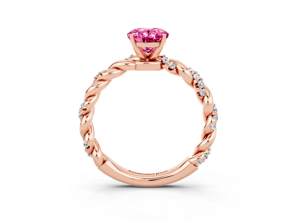 Rose gold Oval Cut Pink Sapphire Solitaire Ring with Twisted Band and Pavé Accents