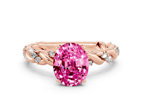 Rose gold Oval Cut Pink Sapphire Solitaire Ring with Twisted Band and Pavé Accents