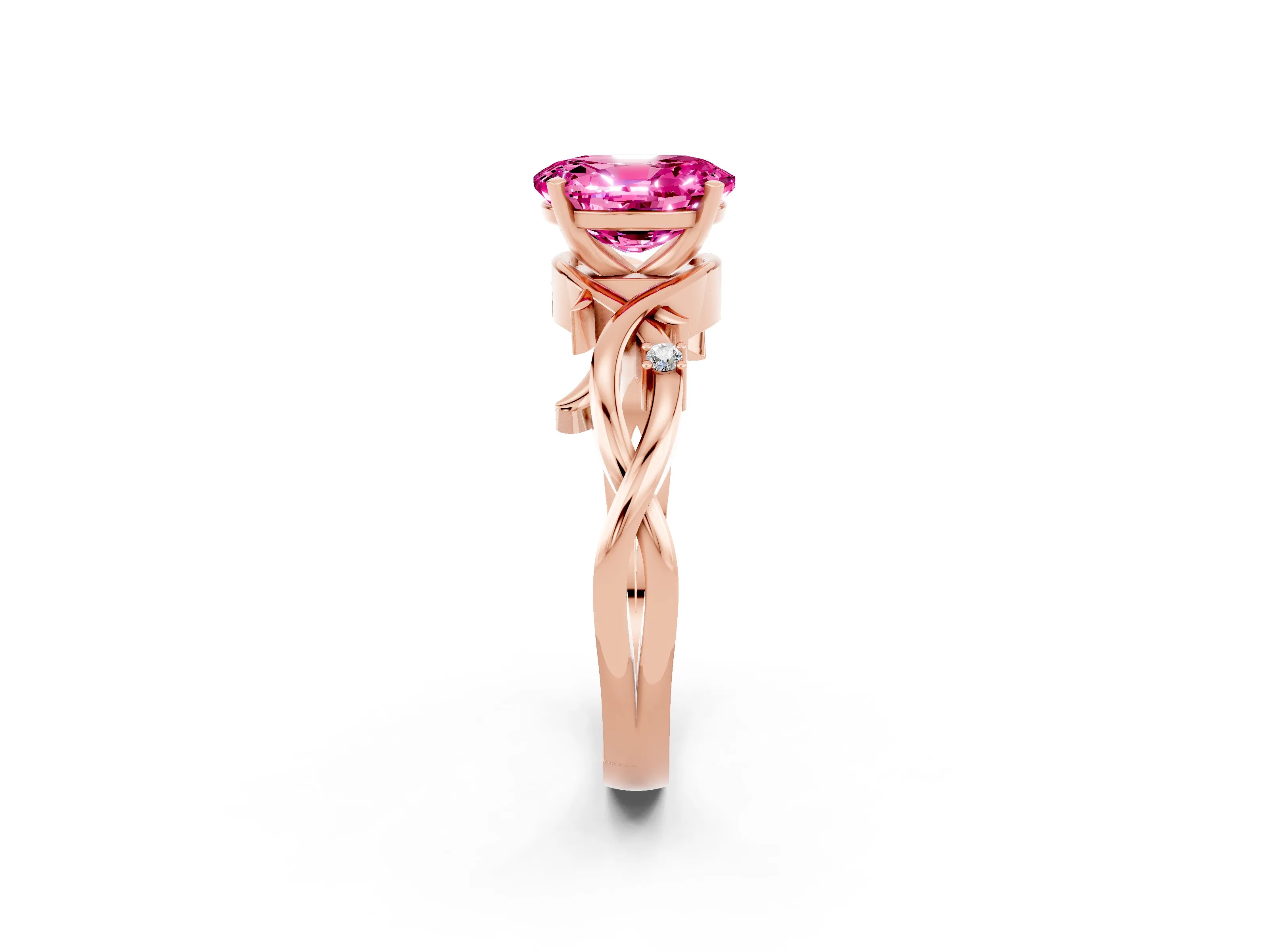 Rose gold Oval Cut Pink Sapphire Solitaire Ring with Twisted Band and Prong Setting_2