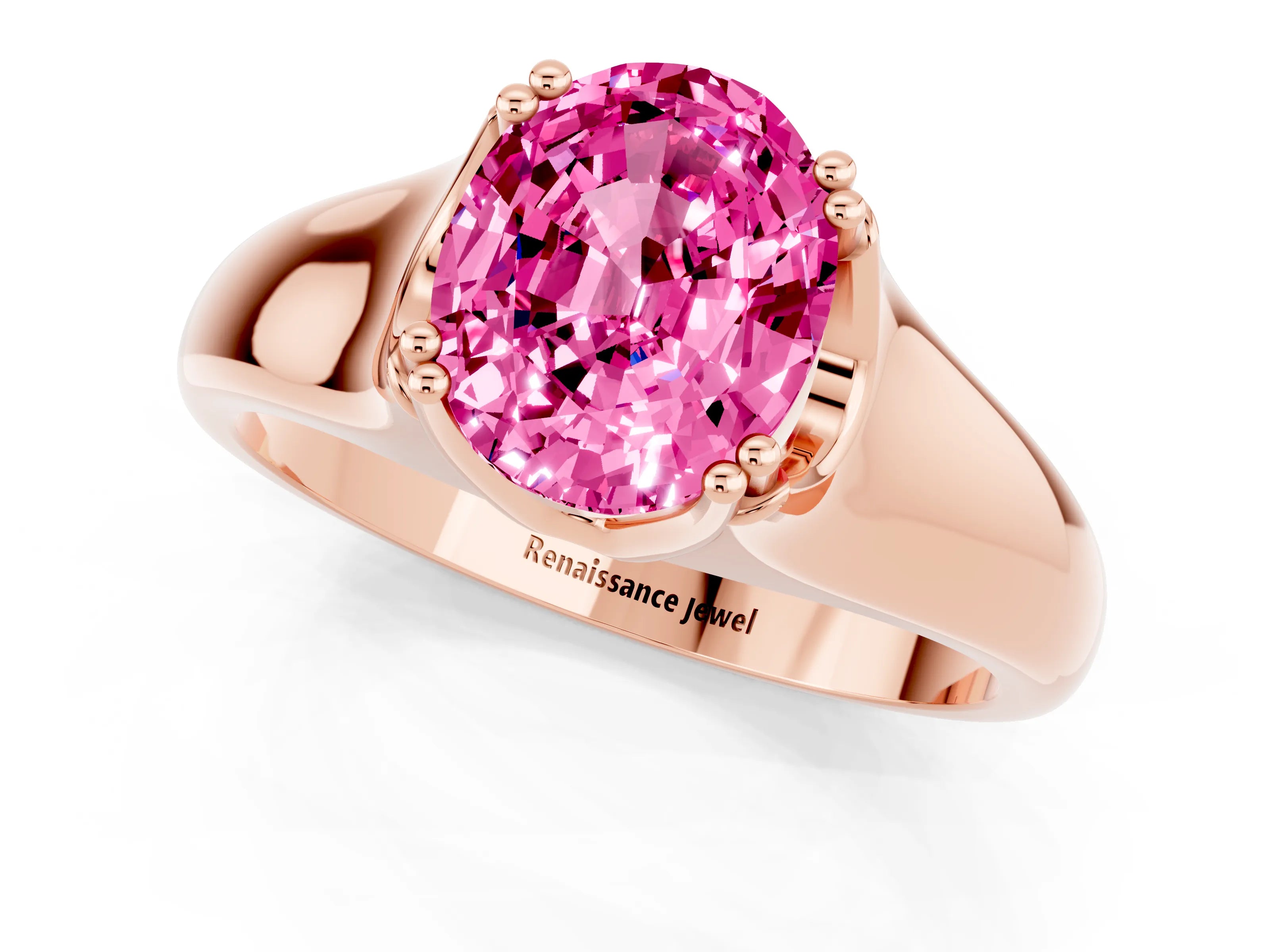 Rose gold Oval Cut Pink Sapphire Solitaire Ring with Wide Band and Prong Setting_25