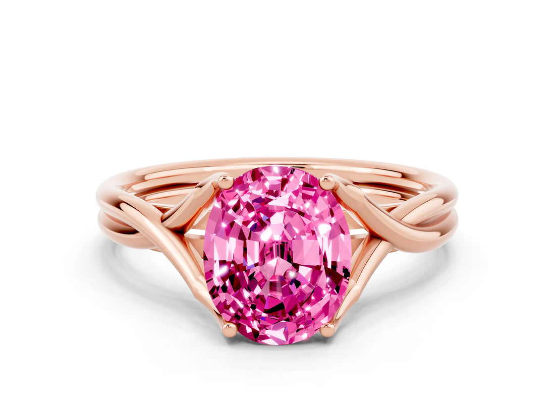 Rose gold Oval Cut Pink Sapphire Solitaire Twist Band Prong Setting Ring_78