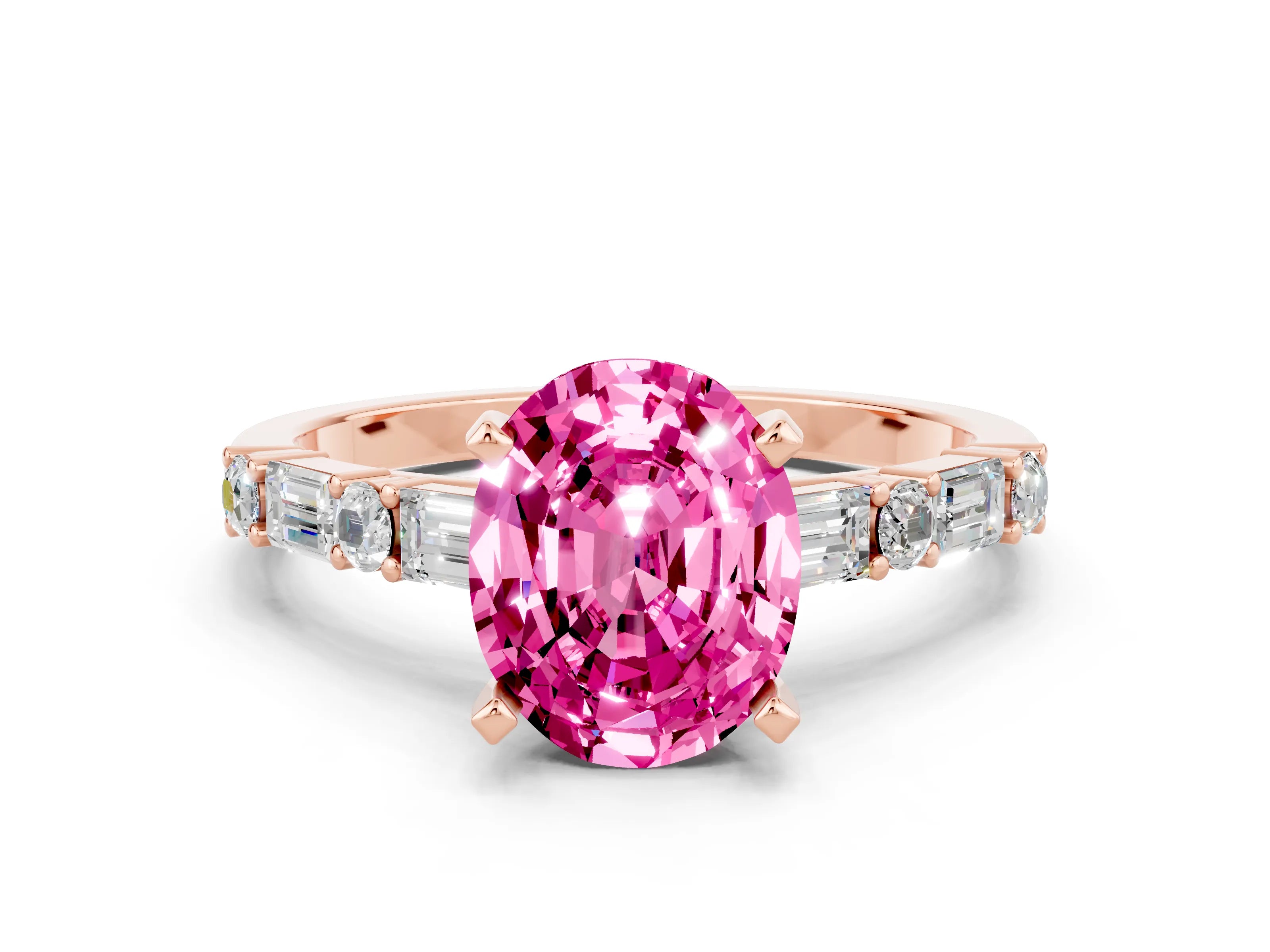 Rose gold Oval Cut Pink Sapphire Solitaire with Side Baguettes and Channel Set Band_24