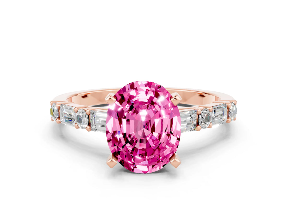 Rose gold Oval Cut Pink Sapphire Solitaire with Side Baguettes and Channel Set Band_24