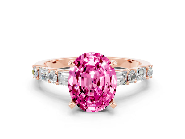 Rose gold Oval Cut Pink Sapphire Solitaire with Side Baguettes and Channel Set Band