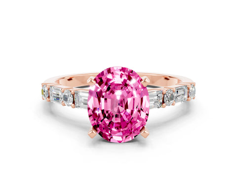 Rose gold Oval Cut Pink Sapphire Solitaire with Side Baguettes and Channel Set Band_24
