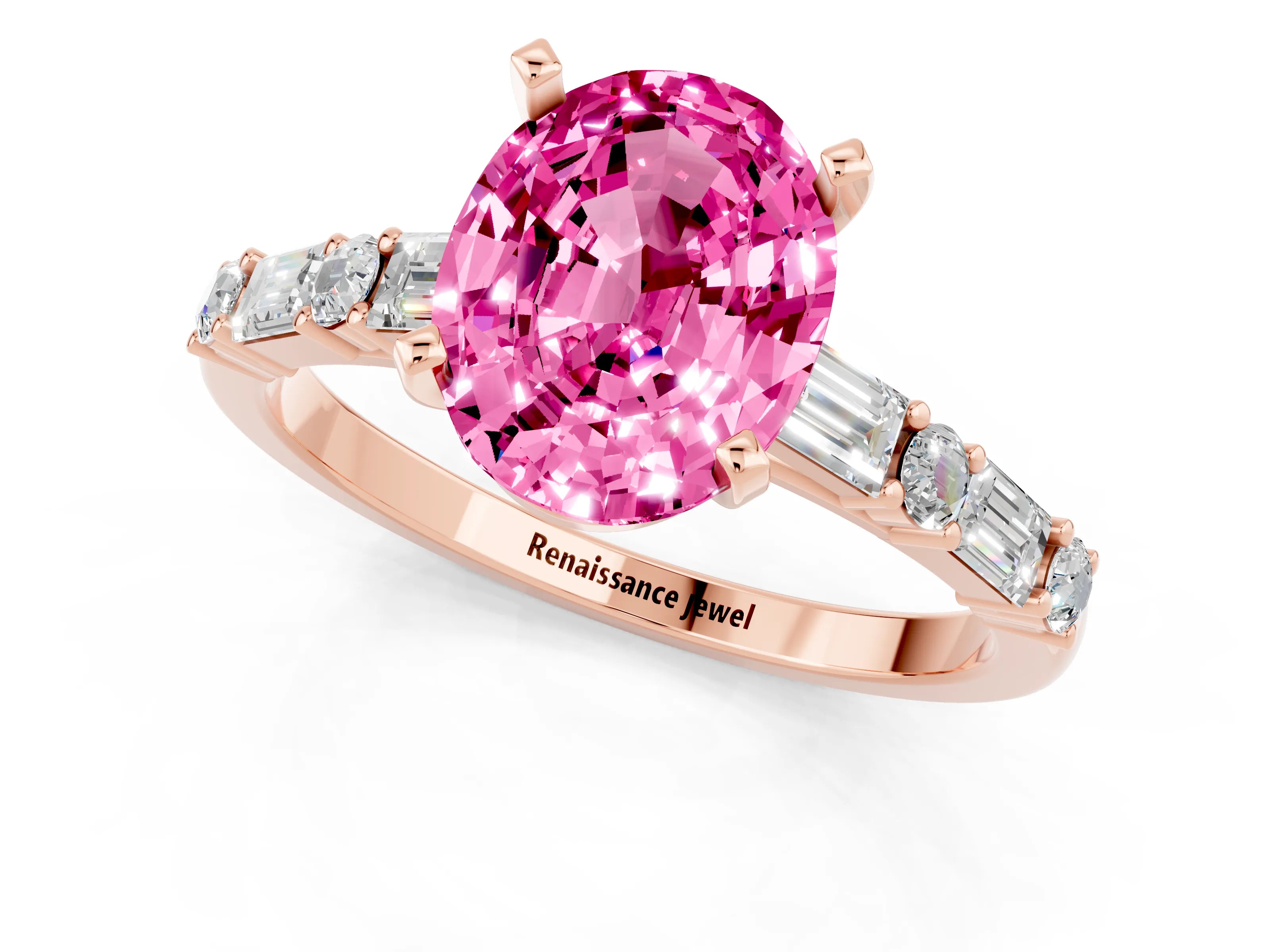 Rose gold Oval Cut Pink Sapphire Solitaire with Side Baguettes and Channel Set Band_25