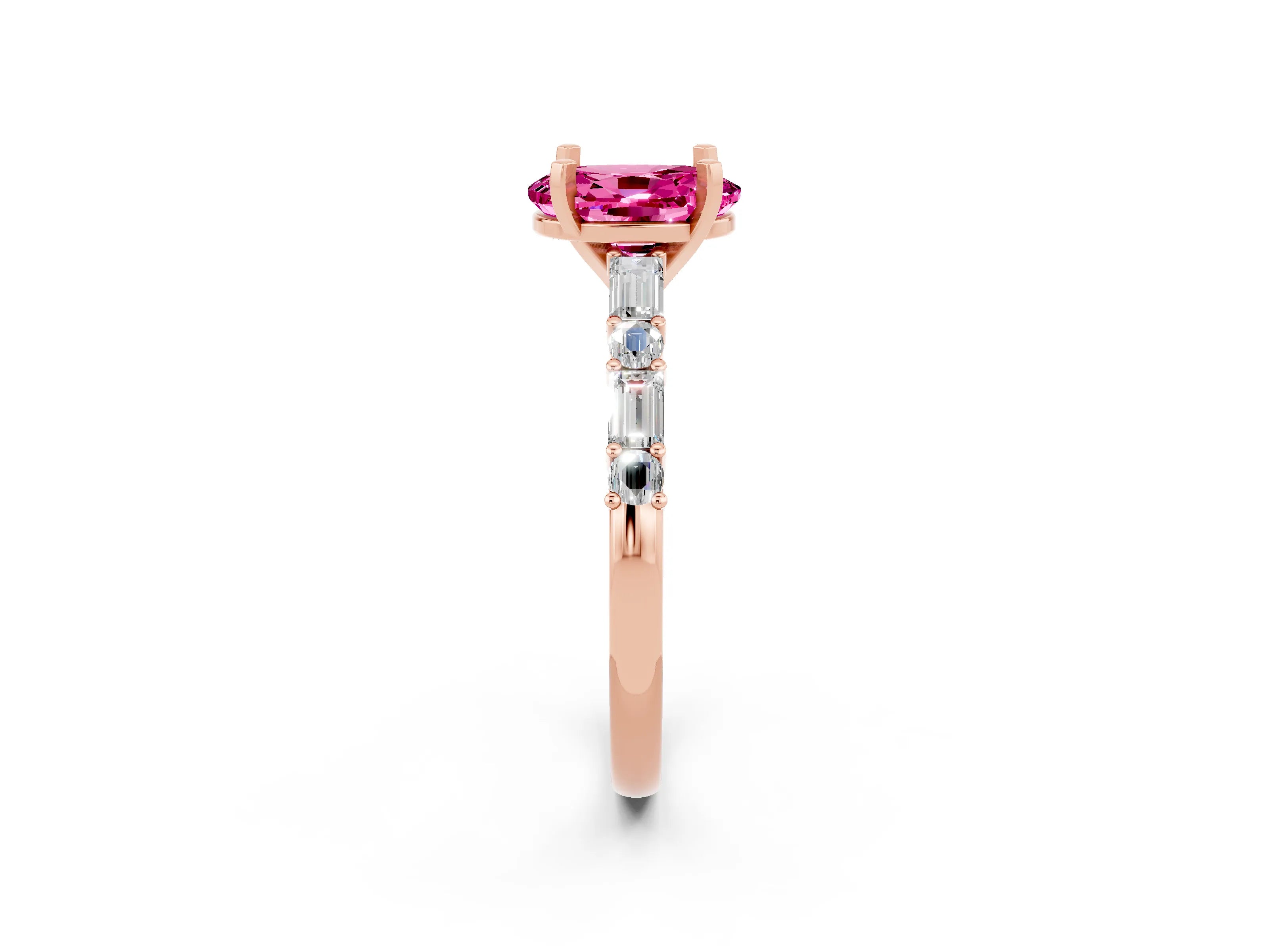 Rose gold Oval Cut Pink Sapphire Solitaire with Side Baguettes and Channel Set Band_26