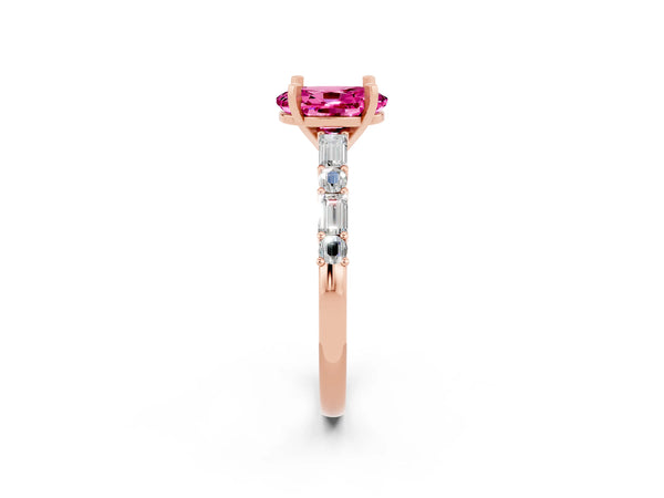 Rose gold Oval Cut Pink Sapphire Solitaire with Side Baguettes and Channel Set Band