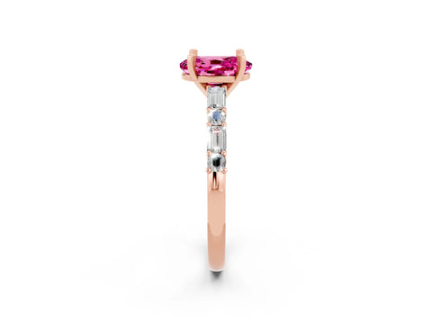 Rose gold Oval Cut Pink Sapphire Solitaire with Side Baguettes and Channel Set Band_26