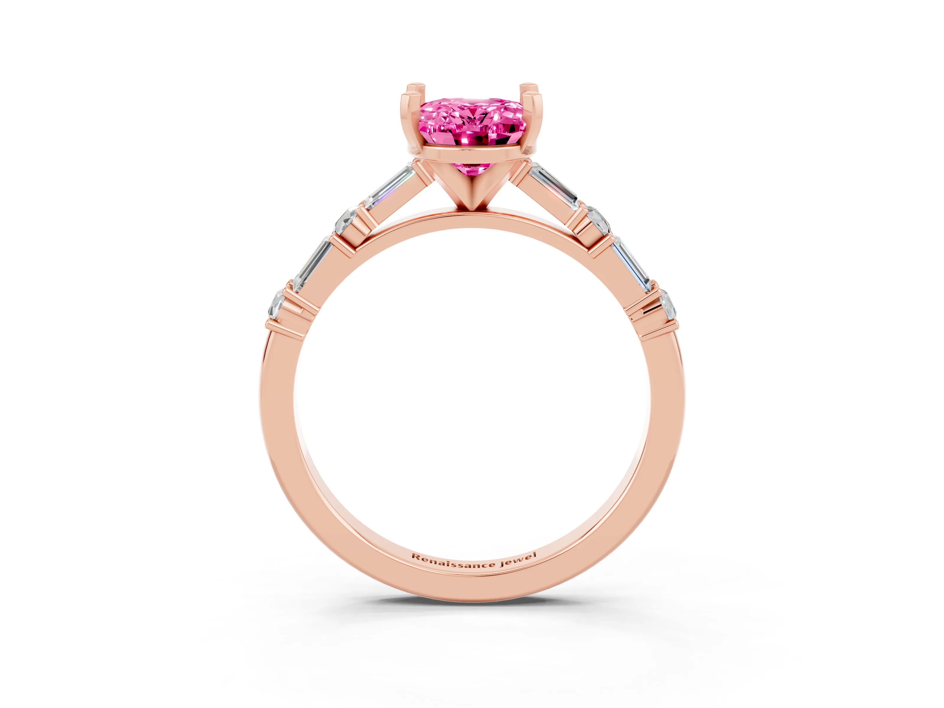 Rose gold Oval Cut Pink Sapphire Solitaire with Side Baguettes and Channel Set Band_27