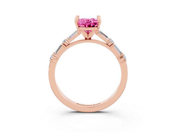 Rose gold Oval Cut Pink Sapphire Solitaire with Side Baguettes and Channel Set Band