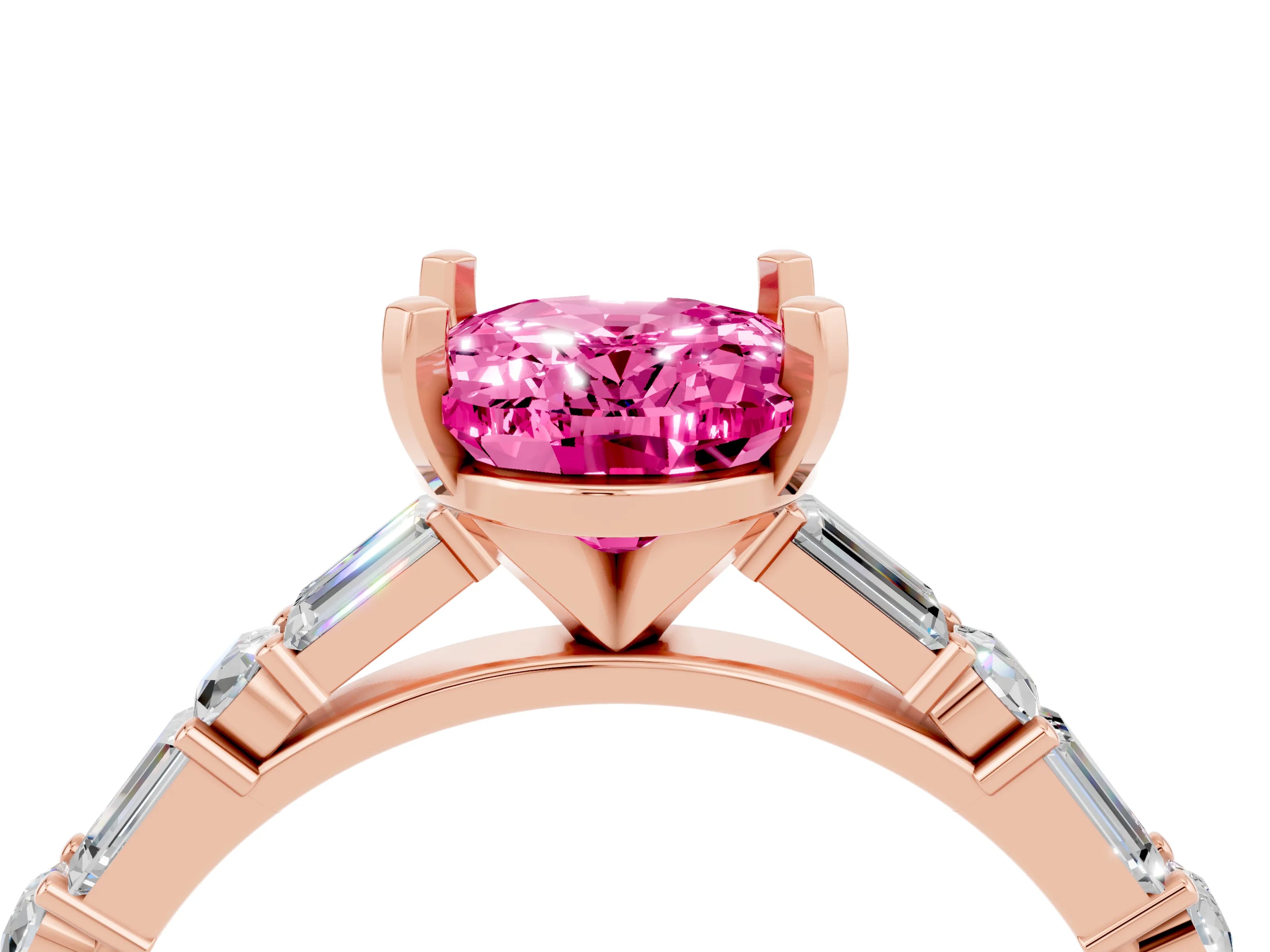 Rose gold Oval Cut Pink Sapphire Solitaire with Side Baguettes and Channel Set Band_28