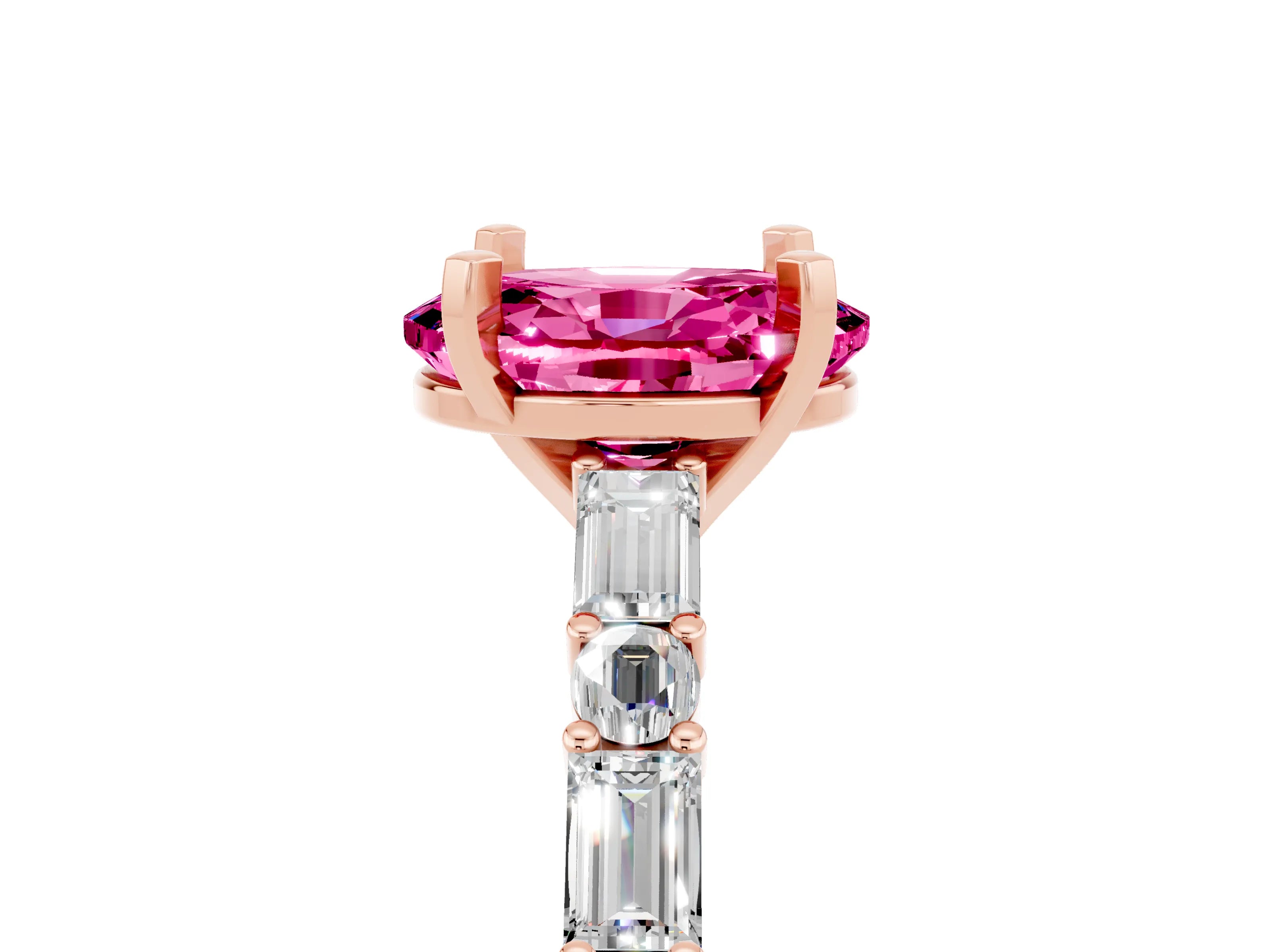 Rose gold Oval Cut Pink Sapphire Solitaire with Side Baguettes and Channel Set Band_29