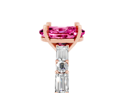 Rose gold Oval Cut Pink Sapphire Solitaire with Side Baguettes and Channel Set Band_29