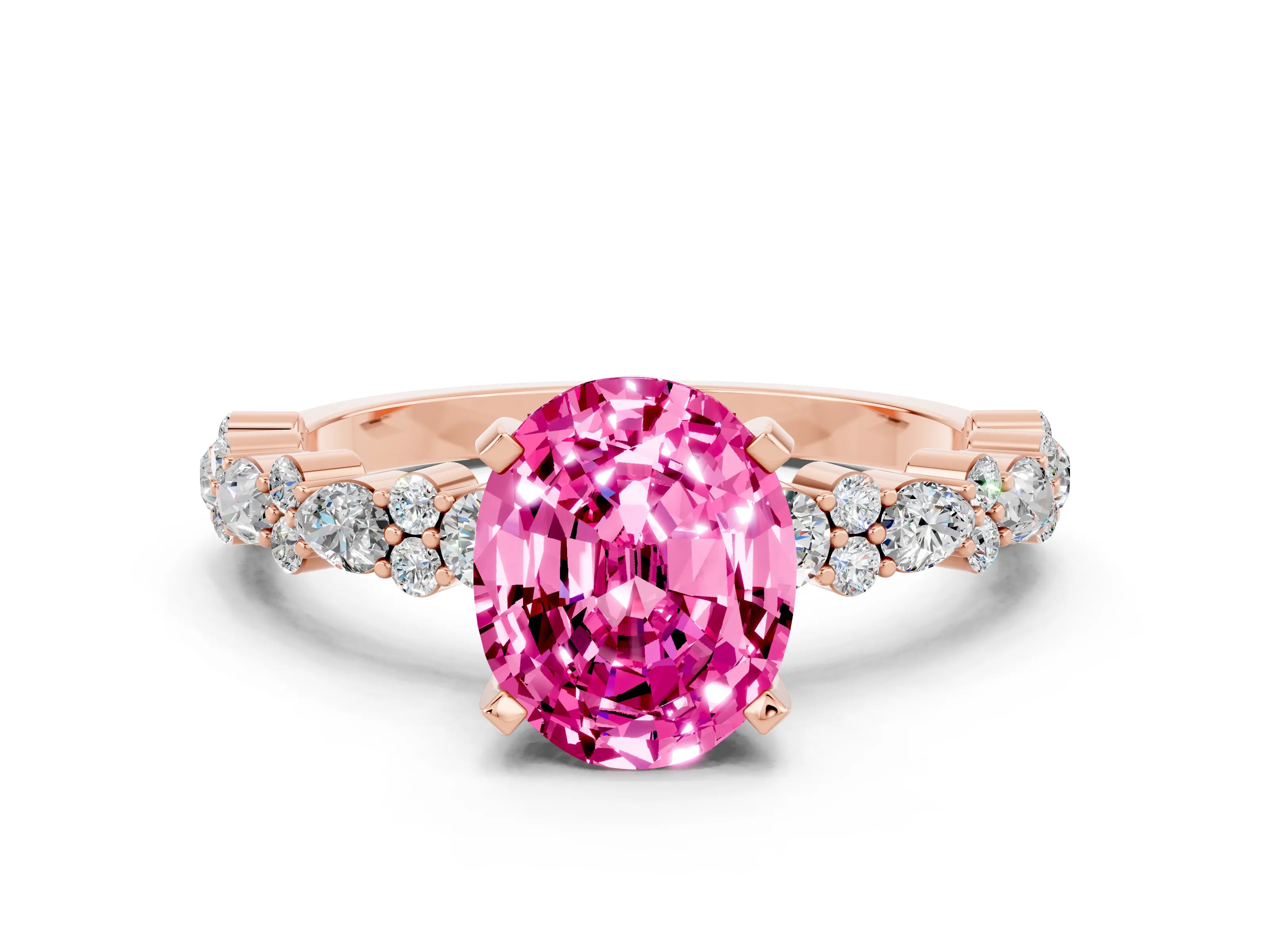 Rose gold Oval Cut Pink Sapphire Solitaire with Side Stones, Pave Band, Four-Prong Setting_60