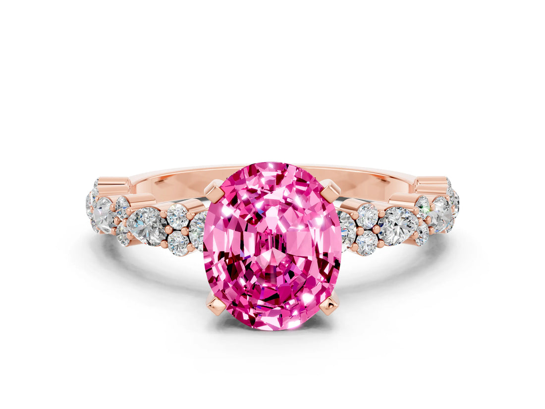 Rose gold Oval Cut Pink Sapphire Solitaire with Side Stones, Pave Band, Four-Prong Setting_60