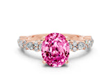 Rose gold Oval Cut Pink Sapphire Solitaire with Side Stones, Pave Band, Four-Prong Setting_60