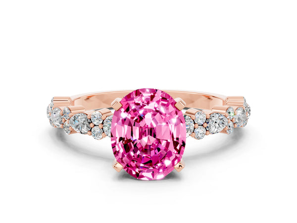 Rose gold Oval Cut Pink Sapphire Side Stone Solitaire Ring with Round  and Four-Prong Setting