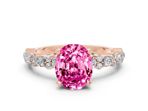 Rose gold Oval Cut Pink Sapphire Solitaire with Side Stones, Pave Band, Four-Prong Setting_60