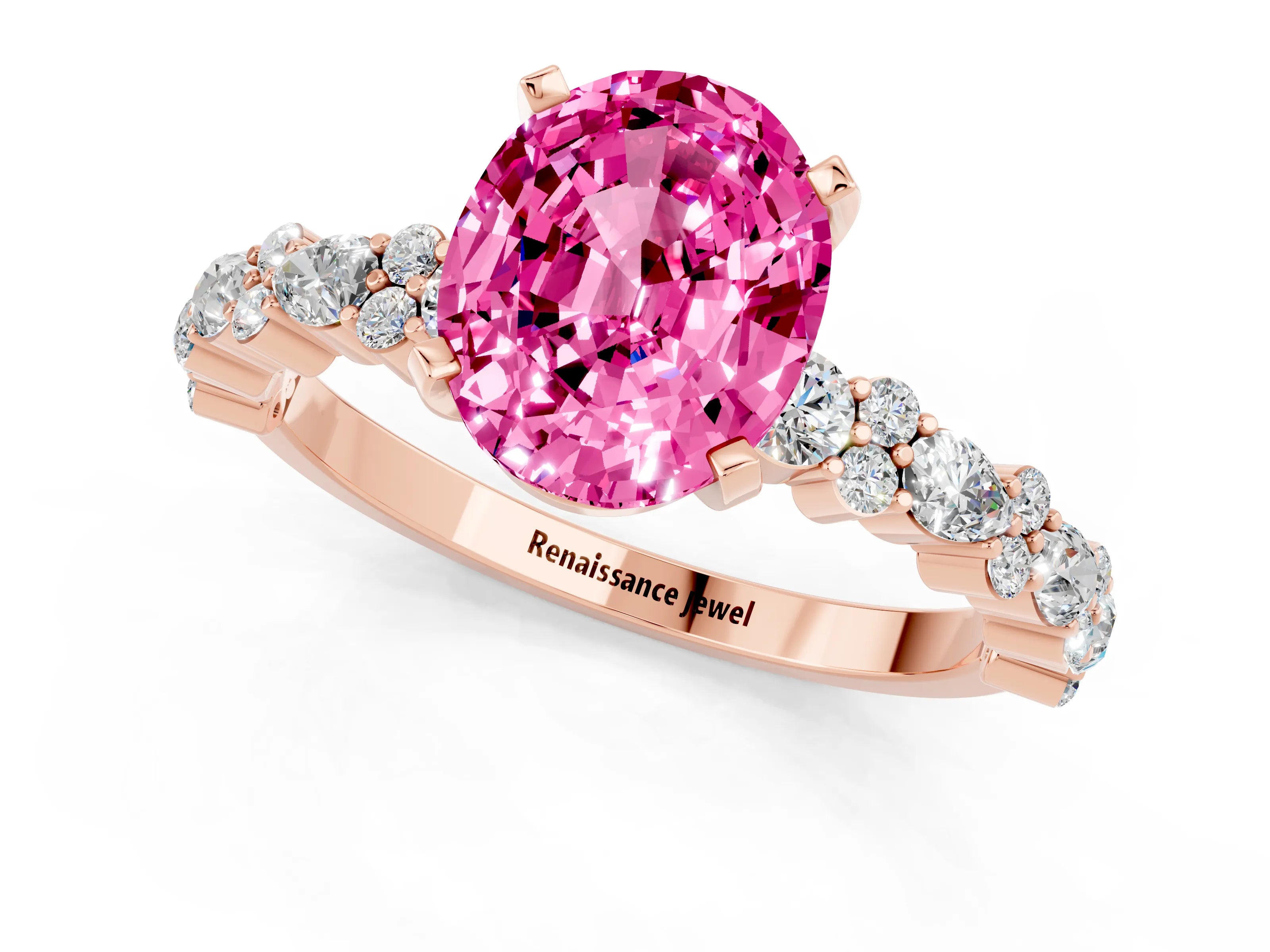 Rose gold Oval Cut Pink Sapphire Solitaire with Side Stones, Pave Band, Four-Prong Setting_61