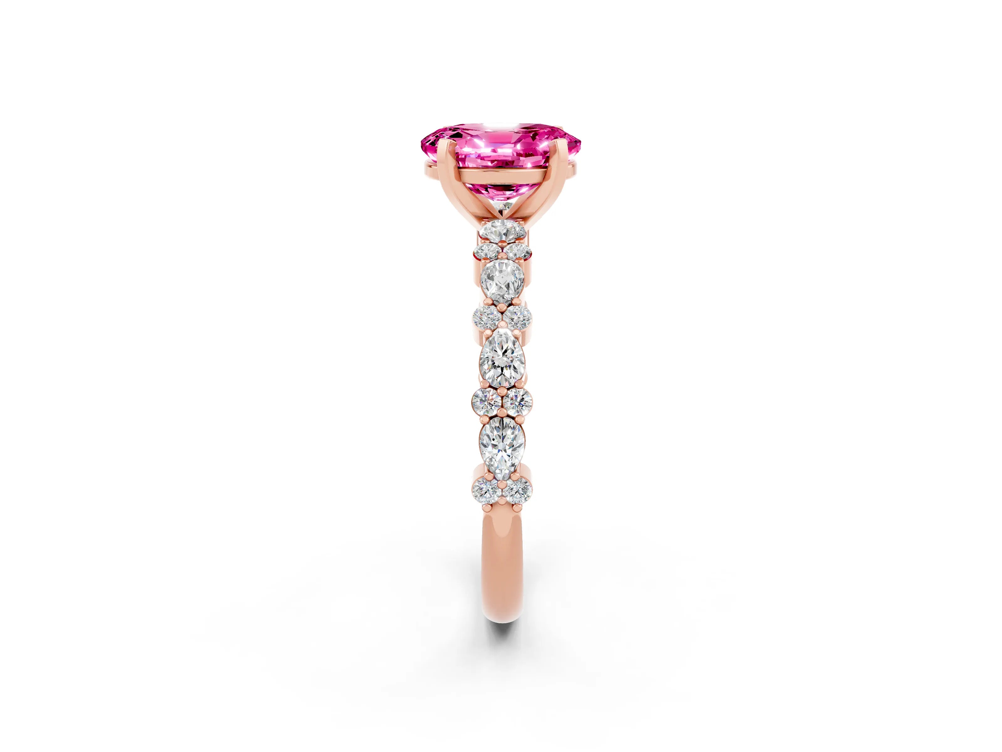 Rose gold Oval Cut Pink Sapphire Solitaire with Side Stones, Pave Band, Four-Prong Setting_62