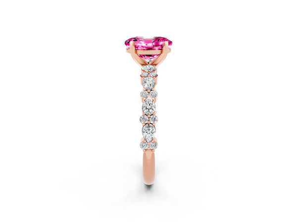 Rose gold Oval Cut Pink Sapphire Side Stone Solitaire Ring with Round  and Four-Prong Setting