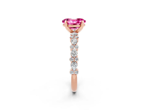 Rose gold Oval Cut Pink Sapphire Solitaire with Side Stones, Pave Band, Four-Prong Setting_62