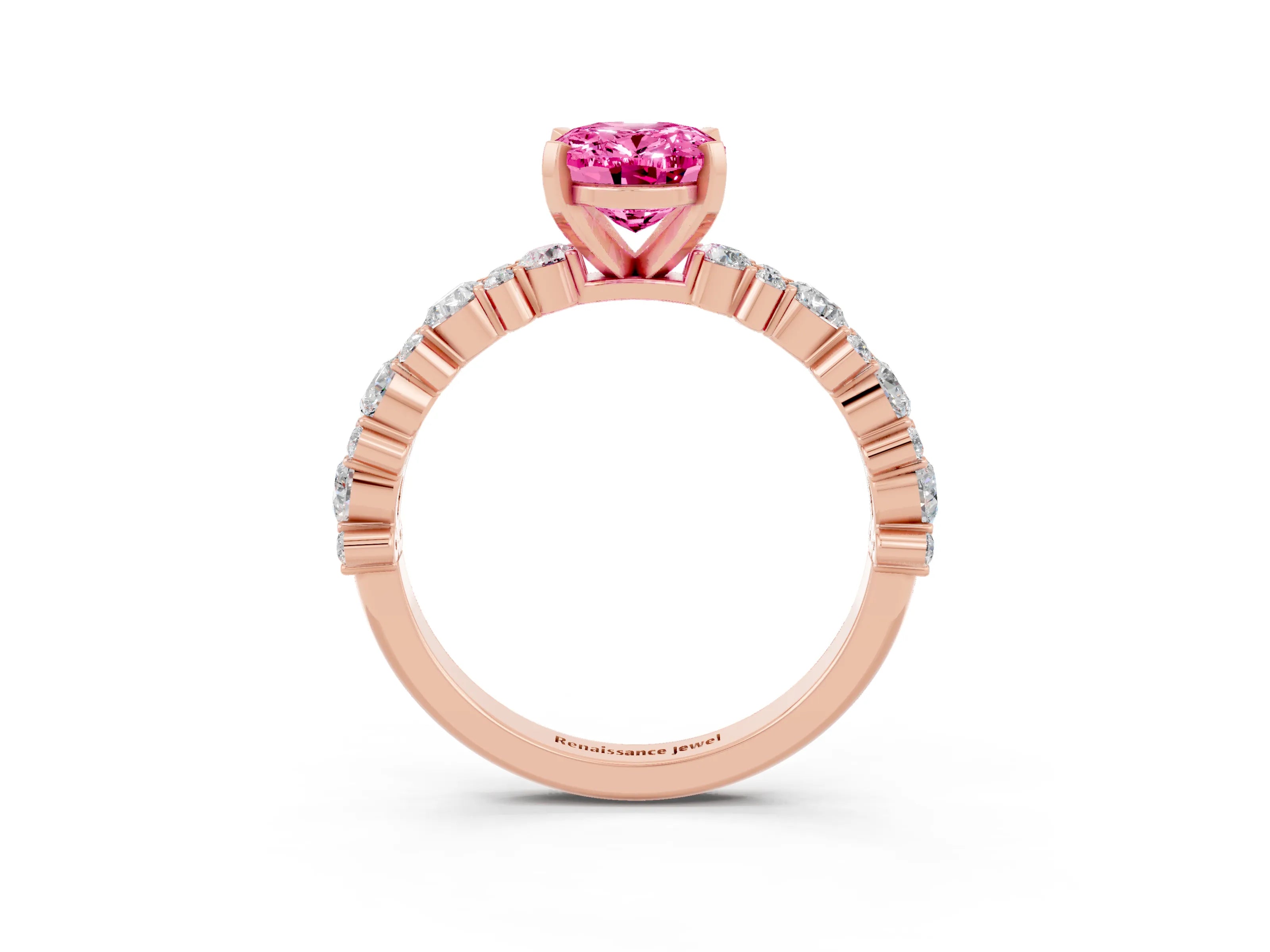 Rose gold Oval Cut Pink Sapphire Solitaire with Side Stones, Pave Band, Four-Prong Setting_63
